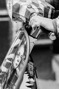Photograph from Matthew Fleming's 'Mods' (2020) series. Taken at the Ribble Valley Mod Weekender (also known as the Clitheroe Scooter Festival/Rally), Clitheroe, Lancashire. Taken with Ilford HP5 35mm film. 