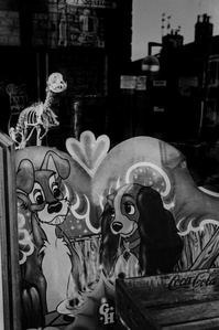 Photograph from the series To Live and Die in Lancashire: The Chapel of the Roses by Matthew James Fleming. Taken with a Leica M6 and Ilford HP5 35mm film. 
Disney's Lady and the Tramp, with a dog skeleton behind.