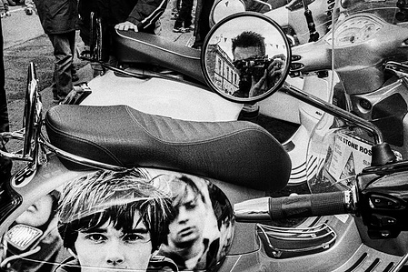 Photograph from Matthew Fleming's 'Mods' (2020) series. Taken at the Ribble Valley Mod Weekender (also known as the Clitheroe Scooter Festival/Rally), Clitheroe, Lancashire. Taken with Ilford HP5 35mm film. 