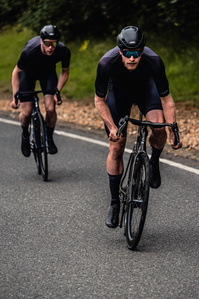 Charles Page (Saint Piran) riding the Ribble Cycles ULTRA SL R, with Zeb Kyffin (Ribble Weldtite) following on the Ribble Cycles ULTRA SL. Photograph by Matthew Fleming. 
