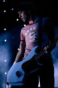 Gary Jarman of The Cribs performing live at Preston Guild Hall, January 2018. Photograph by Matthew Fleming, shot with Nikon F100 and Cinestill 800T film.