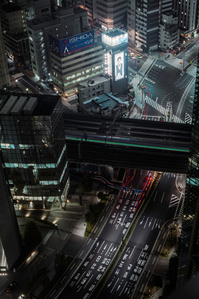 Cityscape at night looking down on Shiodome, Tokyo.
Photograph from the series Forbidden Colours by Matthew James Fleming. Taken with a Hasselblad 500cm and Fuji Provia film.