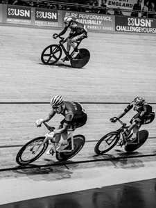 Three track riders at the Manchester Velodrome Revolution Series races. Photo by Matthew Fleming, Lancashire.