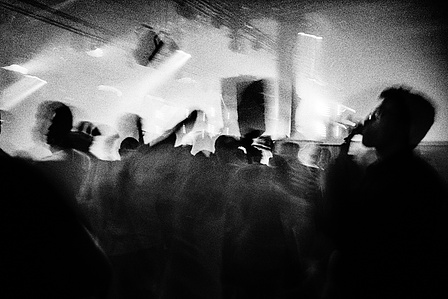 Photograph from the series To Live and Die in Lancashire: The Chapel of the Roses by Matthew James Fleming. Taken with a Ricoh GR1V and Ilford HP5 35mm film. 
Ravers dance at the Victoria Warehouse Project (WHP) Apex Twin Presents event. Manchester.