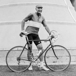 A cyclist poses at the Ulverston Hoad Monument, an optional part of the Velo Retro Vintage Cycling Festival route. Photo by Matthew Fleming, Lancashire.