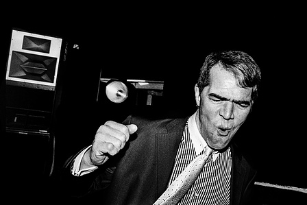 A reveller, dancing at a drum and bass night  in Lancaster, Lancashire, February 2017. Photographed by Matthew Fleming on 35mm Ilford HP5 film, with a Leica M6.