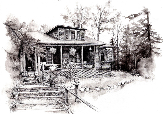 kathleen weldon, illustration, ink house, lac des seize iles, sixteen island lake