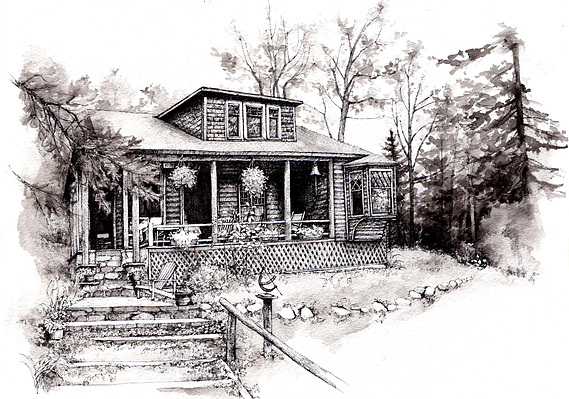 kathleen weldon, illustration, ink house, lac des seize iles, sixteen island lake