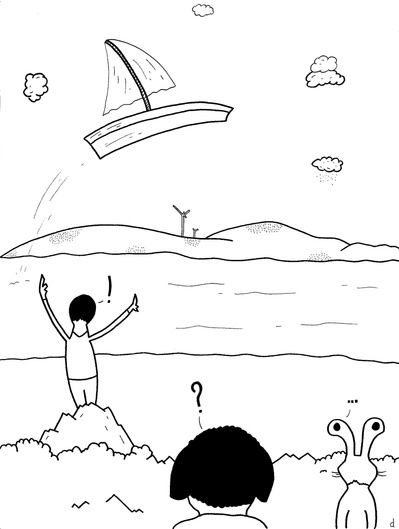 Illustration de David Décamps alias Deydai représentant des personnages dos à un lac avec un voilier qui s'envole.