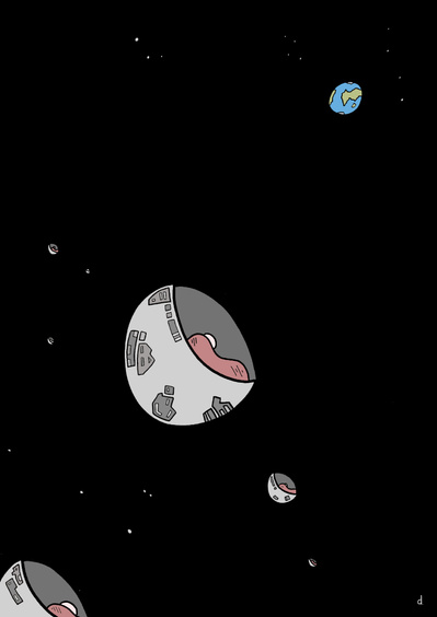 Illustration de David Décamps alias Deydai représentant un homme dans une capsule dans l'espace.