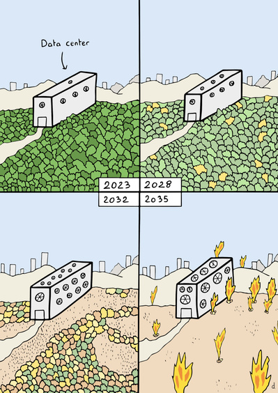 Illustration de David Décamps alias Deydai représentant un data center qui épuise les ressources naturelles et prend feu.