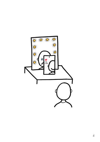 Illustration de David Décamps alias Deydai représentant un homme face à son téléphone portable heureux et triste face à son miroir.