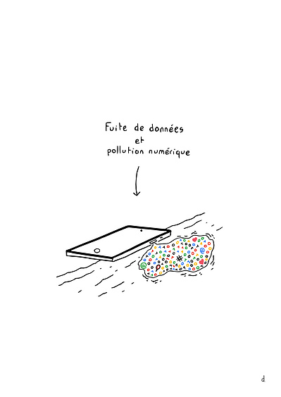 Illustration de David Décamps alias Deydai représentant un téléphone portable échoué sur une plage dont les données fuites et polluent l'océan.