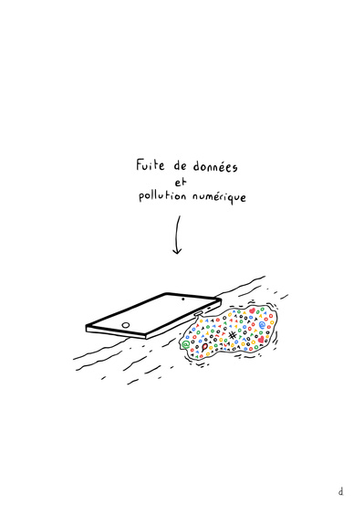 Illustration de David Décamps alias Deydai représentant un téléphone portable échoué sur une plage dont les données fuites et polluent l'océan.