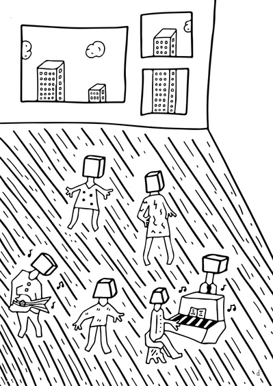 Illustration de David Décamps alias Deydai représentant une fête dans un appartement.
