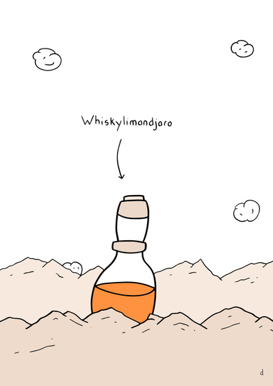 Illustration de David Décamps alias Deydai représentant une bouteille de whisky en guise de montagne.