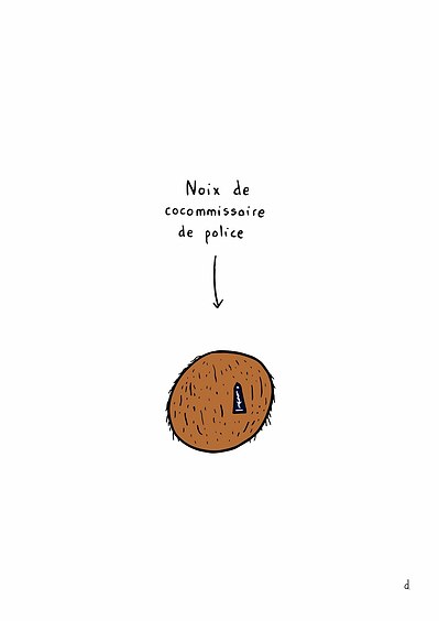 Illustration de David Décamps alias Deydai représentant une noix de coco commissaire de police.