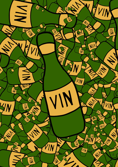 Illustration de David Décamps alias Deydai représentant plusieurs bouteilles de vins superposées.