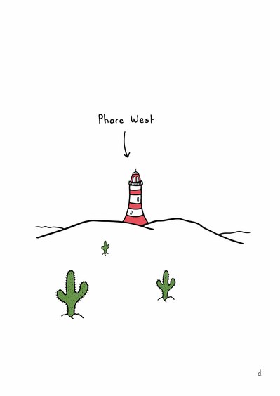 Illustration de David Décamps alias Deydai représentant un phare dans l'Ouest avec des cactus.