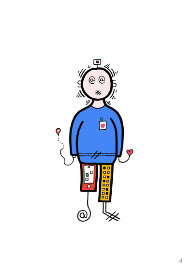 Illustration de David Décamps alias Deydai représentant un homme câblé et en wifi nommé GAFMAN.