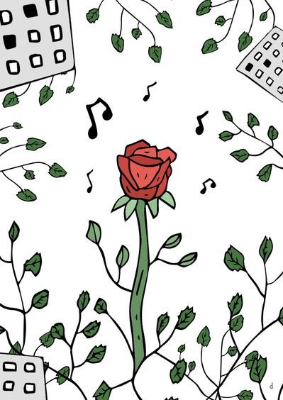 Illustration de David Décamps alias Deydai représentant une rose au milieu de buildings.