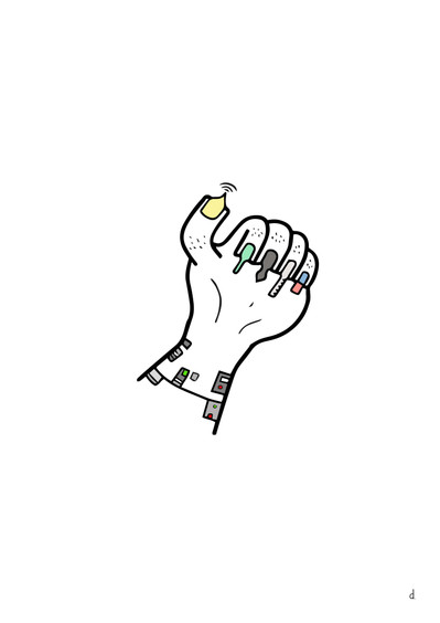 Illustration de David Décamps alias Deydai représentant une main robotique avec des griffes en stylos et marqueurs.