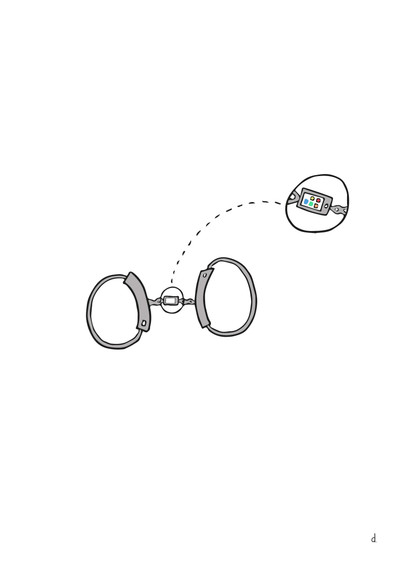 Illustration de David Décamps alias Deydai représentant une paire de menottes reliée par un téléphone portable.