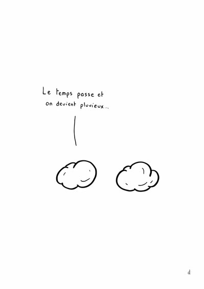 Illustration de David Décamps alias Deydai représentant deux nuages qui discutent du temps pluvieux.