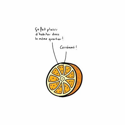 Illustration de David Décamps alias Deydai représentant deux pépins qui discutent dans une orange.