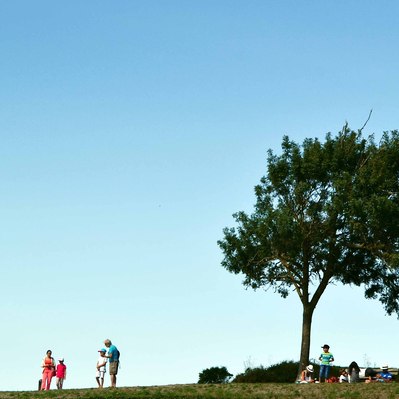 Street photography in colors of the french street photographer David Décamps representing a family near a tree in Oléron, France.