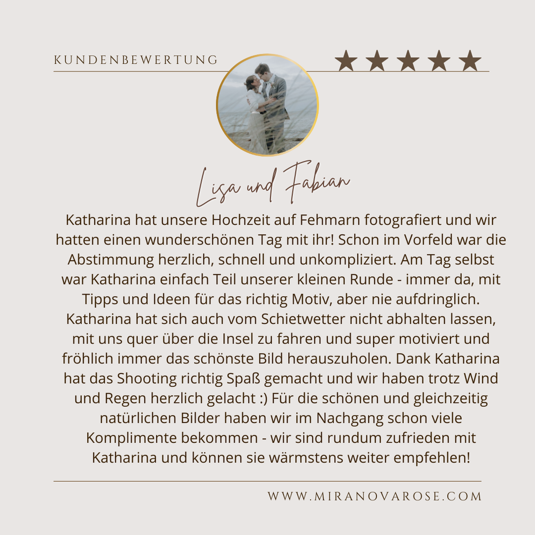 Kundenrezension von einem Brautpaar über die Leistung der Fotografin.