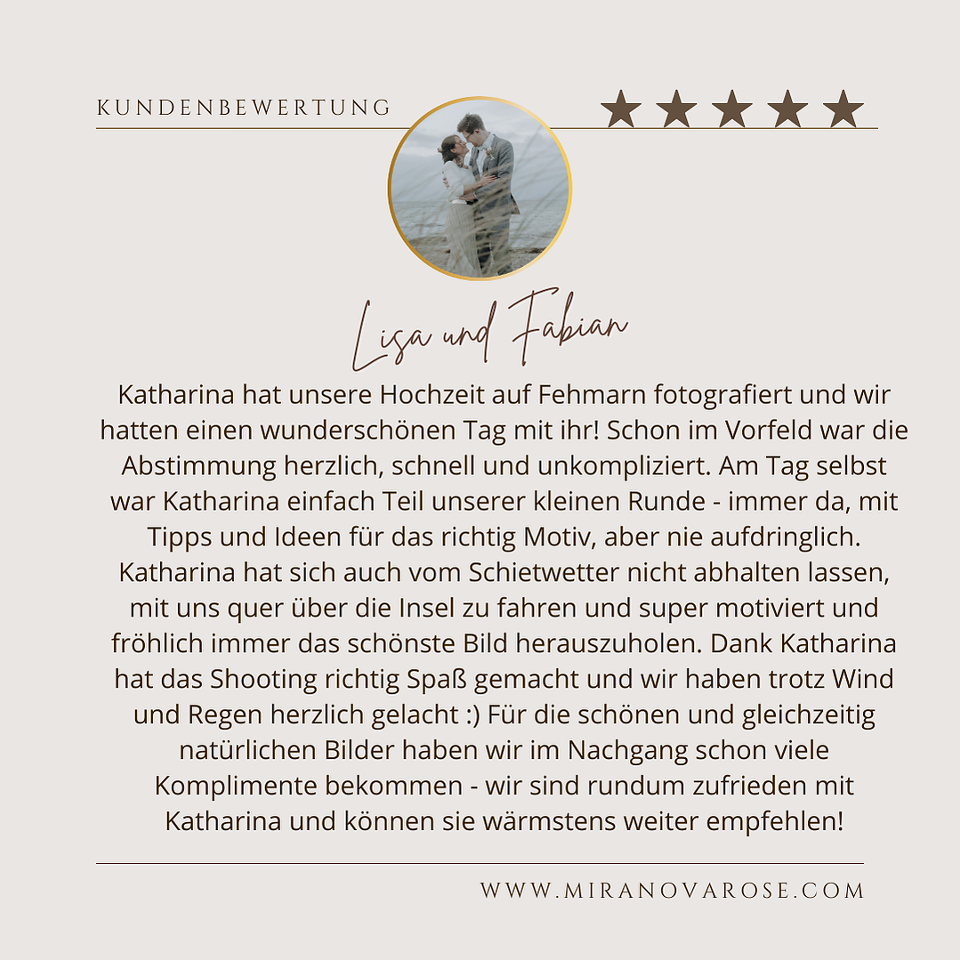 Kundenrezension von einem Brautpaar über die Leistung der Fotografin.