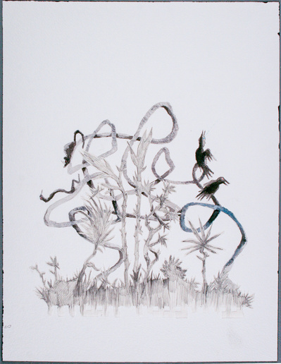 Intruders,
Cut paper, ink, pencil 
12 1/2" w x 16 1/2"w framed