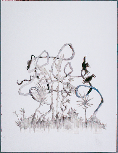 Intruders,
Cut paper, ink, pencil 
12 1/2" w x 16 1/2"w framed