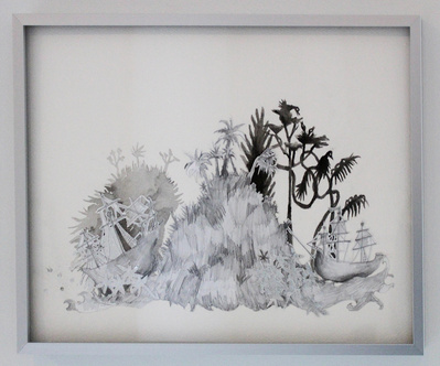Arrivals and Departures,
Cut paper, ink, pencil 
16 1 /2"w x 12 1 /2"h framed 