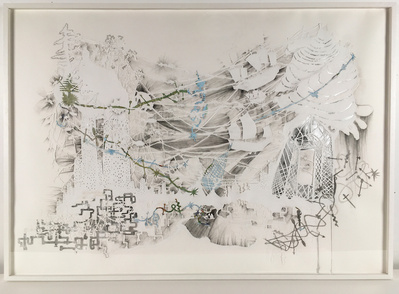 Mine of Mine, 
Cut paper, aluminum leaf, map, pencil 
61 1/4"w x 43 1/2"h framed