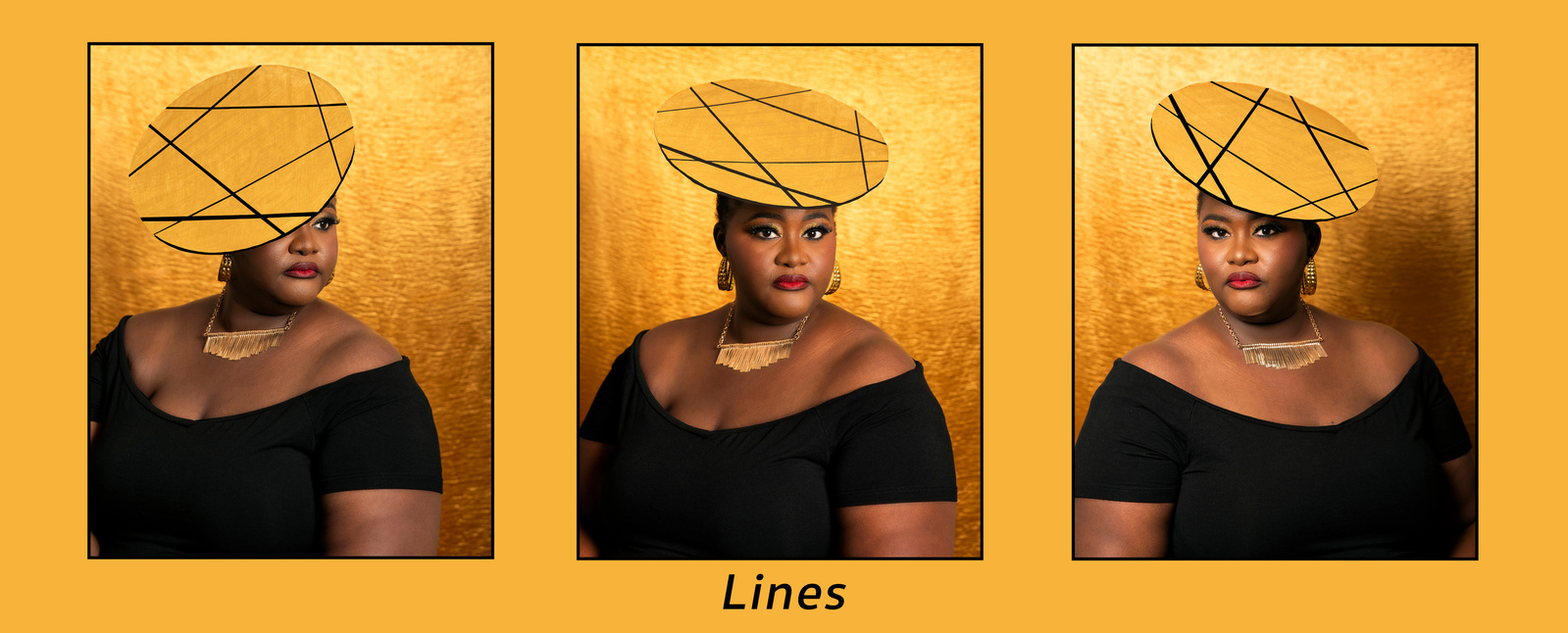 A women wears a gold hat with black lines during a photography project for photographer Dark Light Portrait Studios