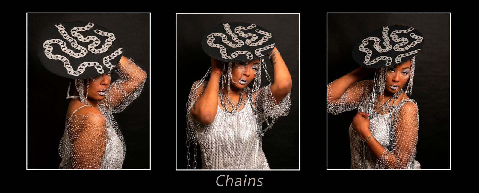 A women wears a hat with chains for a photography project by Williamsburg, VA photographer Dark Light Portrait Studios