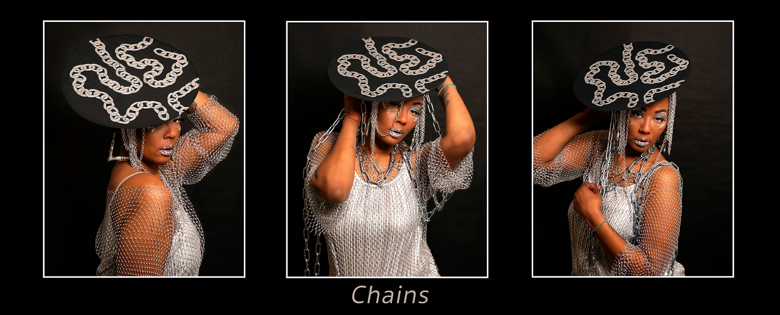 A women wears a hat with chains for a photography project by Williamsburg, VA photographer Dark Light Portrait Studios