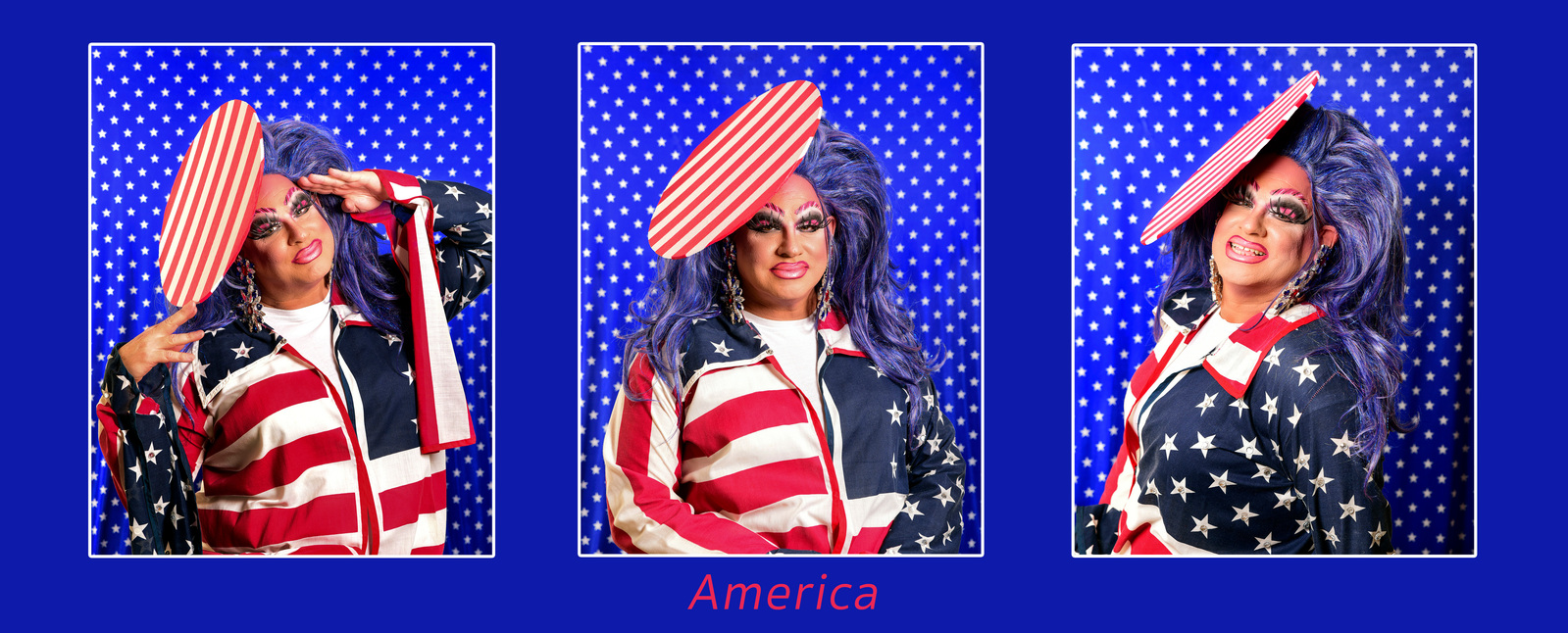 A drag queen wears an American hat for a photography project by Dark Light Portrait Studios of Williamsburg, VA