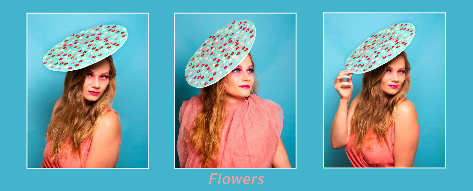 A women wears a flower themed hat for a photography project by Dark Light Portrait Studios