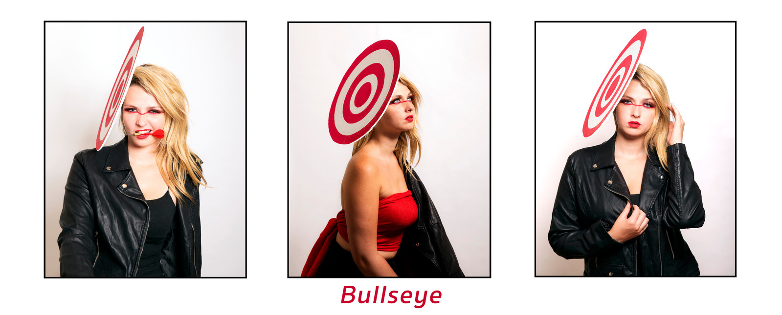 A women wears a bullseye hat for a photography project by Dark Light Portrait Studios of Williamsburg, VA