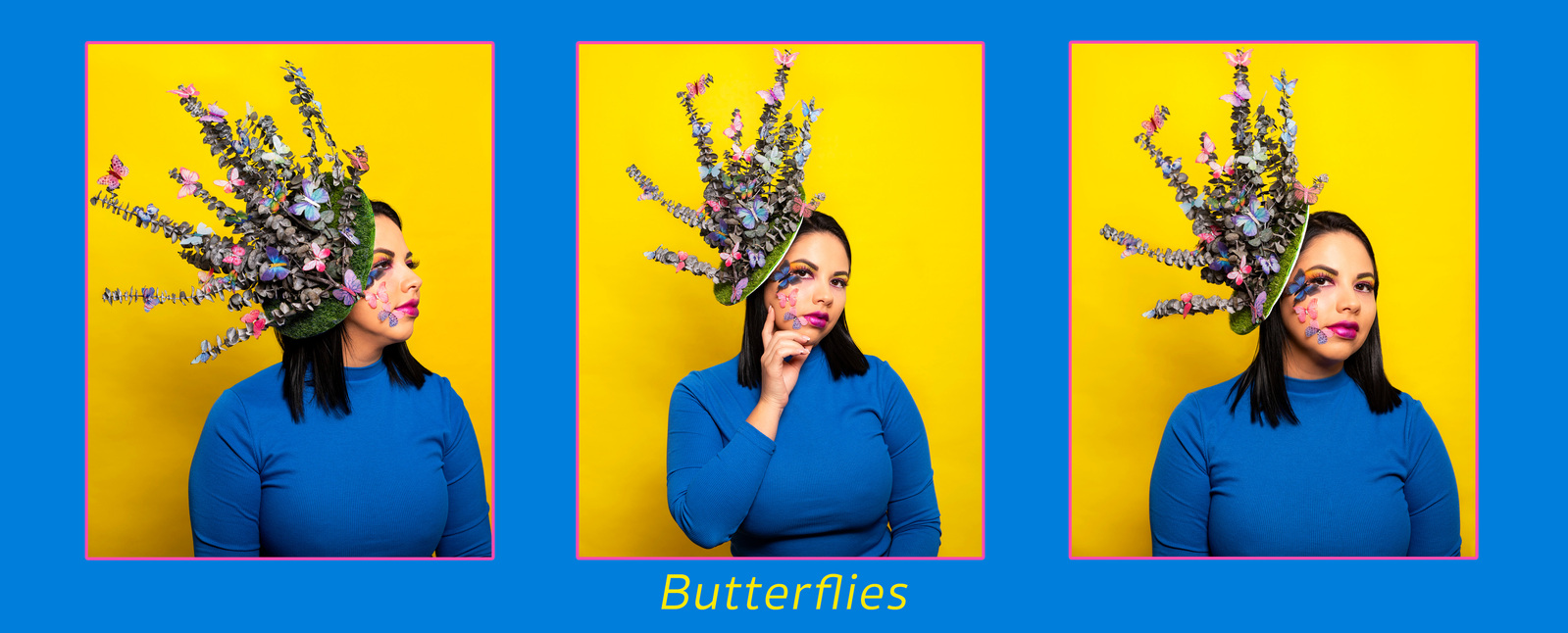 A women wears a butterfly hat for a photography project by Williamsburg photographer Dark Light Portrait Studios