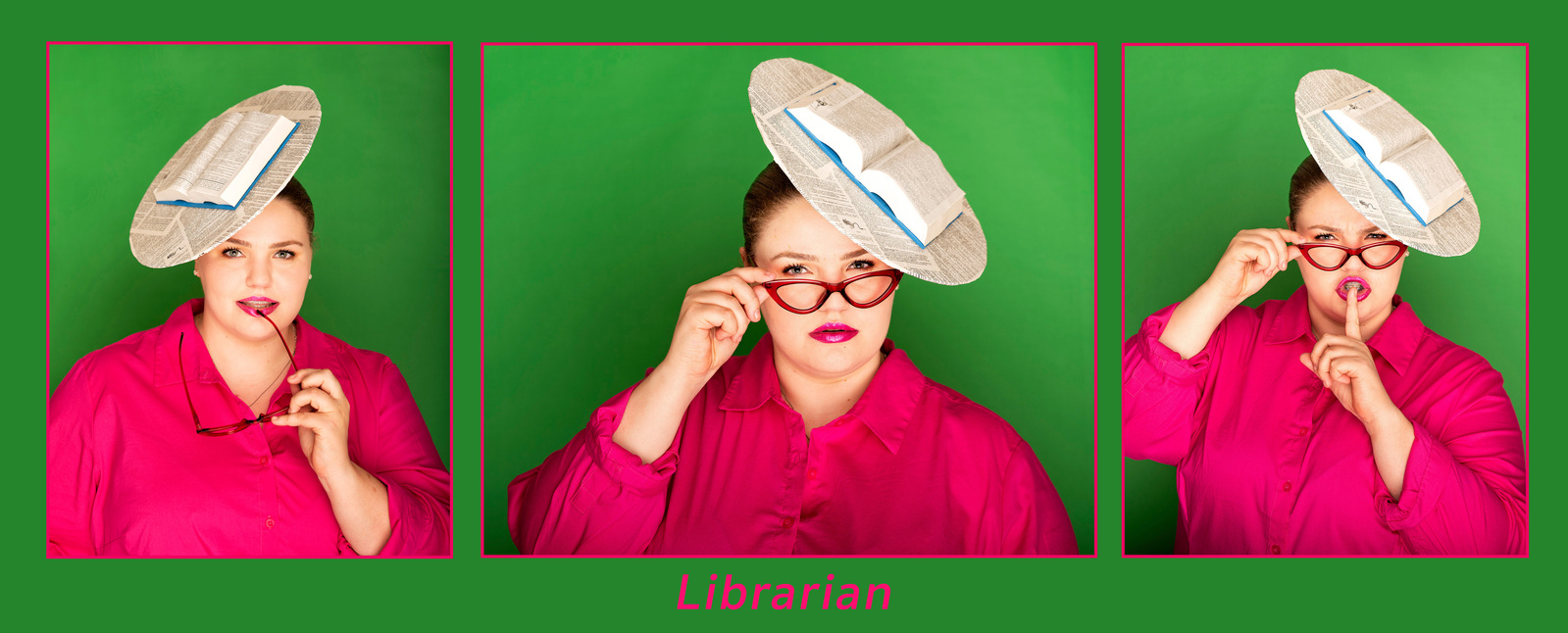 A women wears a book hat and glasses for a photography project by Dark Light Portrait Studios of Williamsburg, VA