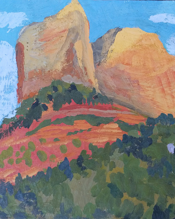 Painting by Anna Valdez of a bright blue sky with mountains, rocks and green trees. 
