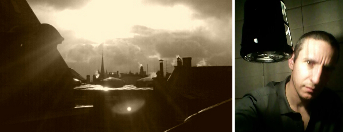 roofs of lausanne under a strange sepia-toned sky and stephan bersier behind an industrial lamp with his face partially lit