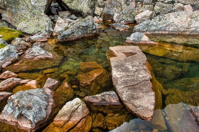 Nature photographers interpretation of big boulders in a pond in teh Rocky Mountain National Park, CO