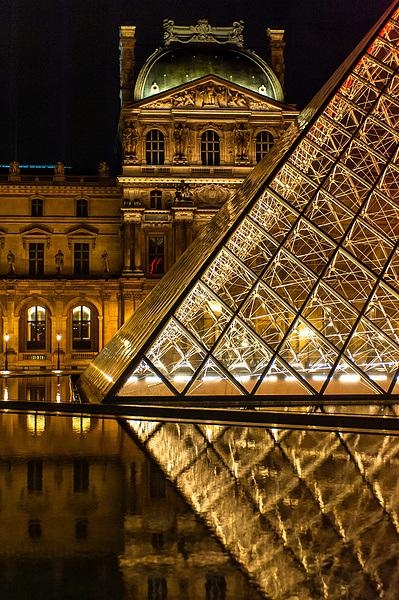Close up perspective of the pyramid at the Louvre museum in Paris.