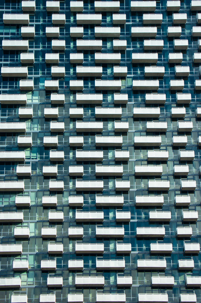 Close up perspective of balconies on a high rise in Chicago, IL