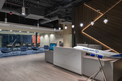 International logistics company's Chicago offices foyer at dusk.  